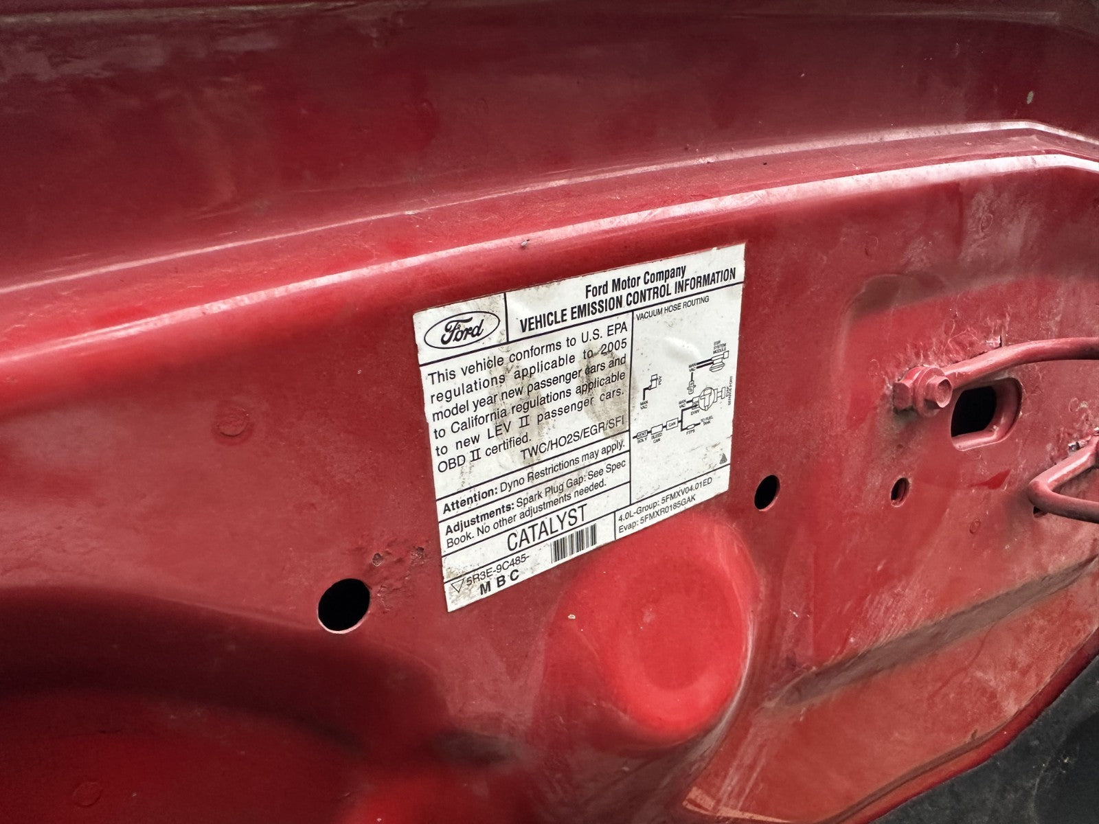 05-09 Ford Mustang Bright Red Hood Front W/ Hood Liner OEM